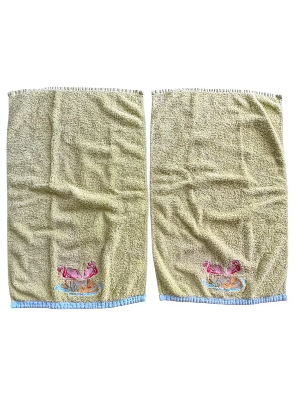 Flamingo Themed Green Hand Towels With Blue Polka Dot Trim Set Of 2